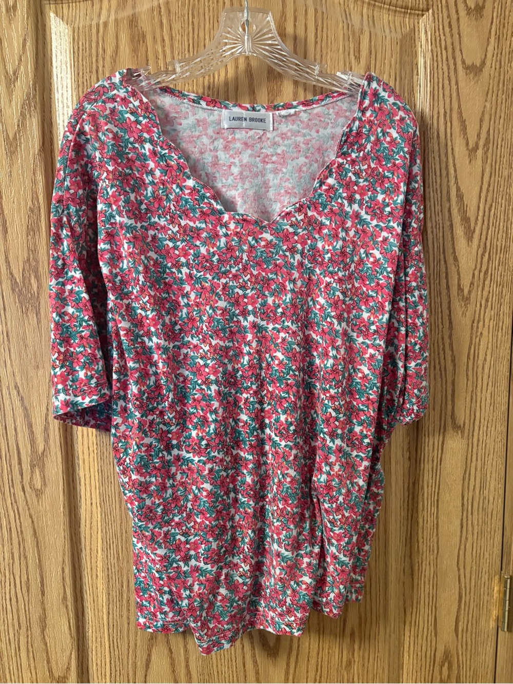 Lauren Brooke Pink Floral V-Neck Blouse